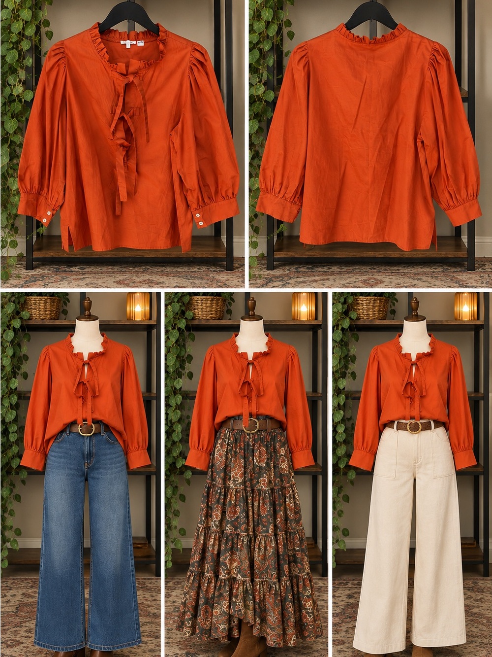 JODIFL Burnt Orange Ruffle Tie Front Puff Sleeve Blouse 100% Cotton